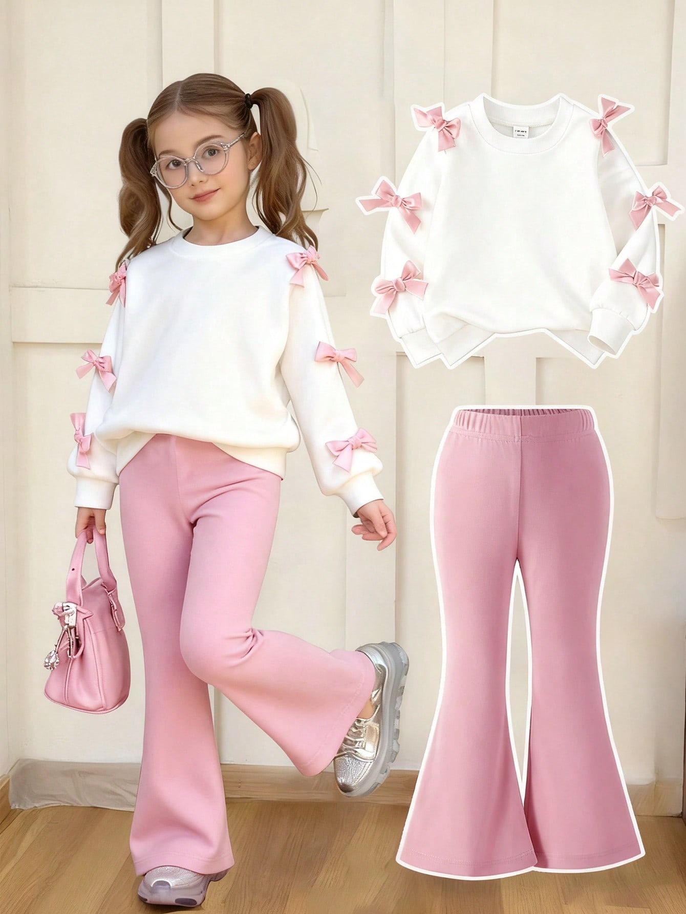 http___img.ltwebstatic.com_v4_j_pi_2025_10_28_bd_1761633843e70e90887fc3296db9a09692cab10ea7 SHEIN Elladie kids 2pcs/Set Girls' Sweet & Cool 3D Bow Decor White Top + Fuchsia Flare Pants Outfit,Fashionable Pink Bows,Summer,School,Back-To-School Stylish Outings - Image 1