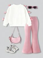 SHEIN Elladie kids 2pcs/Set Girls' Sweet & Cool 3D Bow Decor White Top + Fuchsia Flare Pants Outfit,Fashionable Pink Bows,Summer,School,Back-To-School Stylish Outings - Image 2