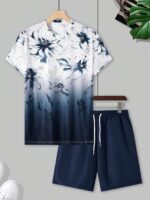 Manfinity RSRT Men's Navy Blue Floral Summer Casual Short Sleeve T-Shirt And Shorts Set,Minimalist Holiday Vacation Outfits,Round Neck Tee Co Ords Summer Clothes - Image 3