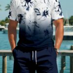 Manfinity RSRT Men's Navy Blue Floral Summer Casual Short Sleeve T-Shirt And Shorts Set,Minimalist Holiday Vacation Outfits,Round Neck Tee Co Ords Summer Clothes