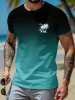 Manfinity RSRT Men's Casual Gradient Palm Tree Printed Short Sleeve T-Shirt, Summer, Holiday