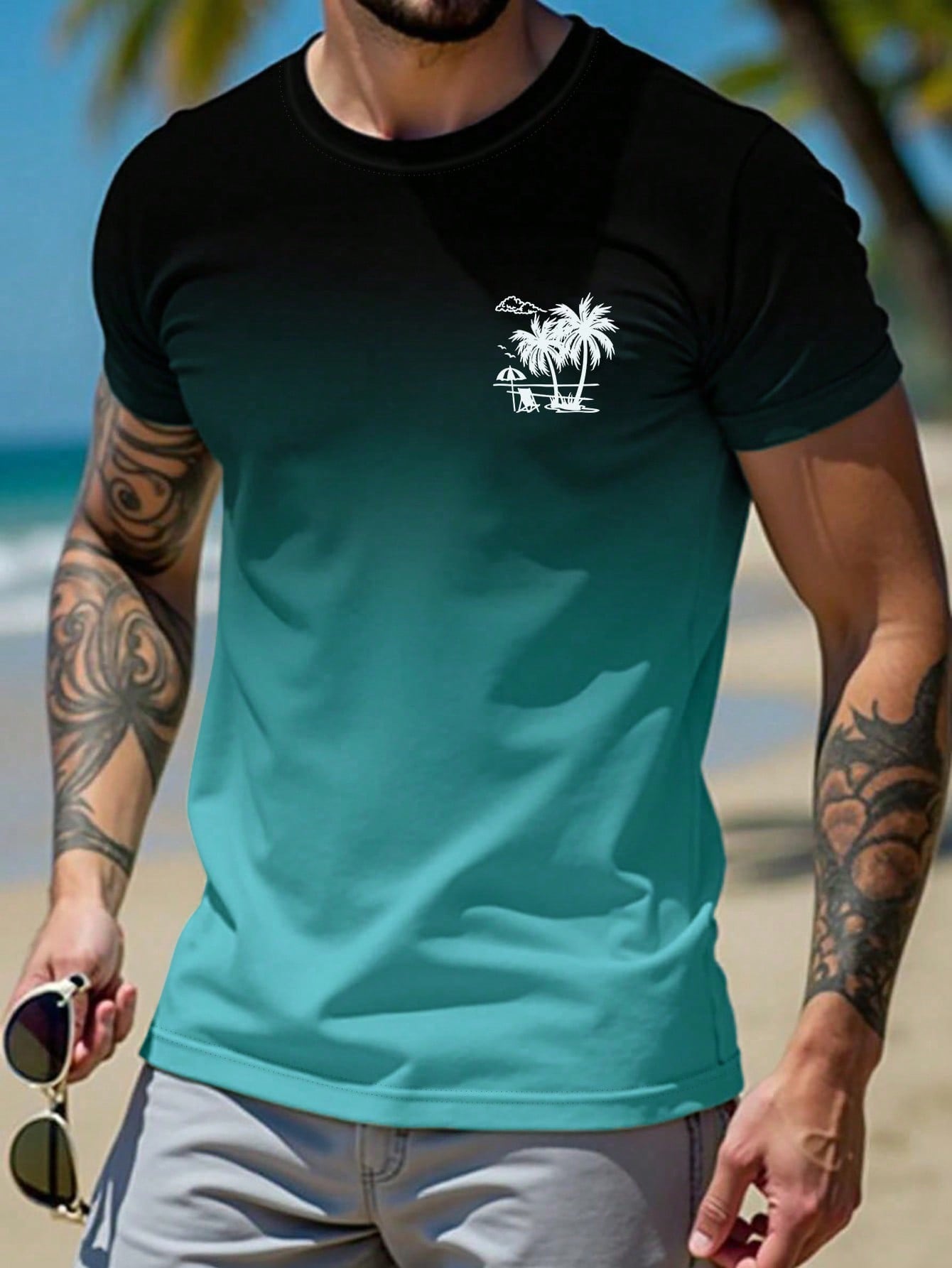 http___img.ltwebstatic.com_v4_j_pi_2026_02_14_57_1771078880cec3799df85711ed2566c56640c24abd Manfinity RSRT Men's Casual Gradient Palm Tree Printed Short Sleeve T-Shirt, Summer, Holiday - Image 1
