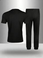 Gym Rark 2pcs Men's Printed Short Sleeve Top + Drawstring Waist Long Pants,Black Sports Suit,Summer Athleisure Gym Workout Outfit,Sports & Fitness Clothing Set - Image 2