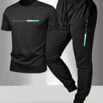 Gym Rark 2pcs Men's Printed Short Sleeve Top + Drawstring Waist Long Pants,Black Sports Suit,Summer Athleisure Gym Workout Outfit,Sports & Fitness Clothing Set