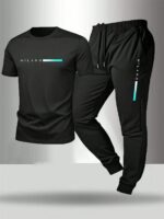 Gym Rark 2pcs Men's Printed Short Sleeve Top + Drawstring Waist Long Pants,Black Sports Suit,Summer Athleisure Gym Workout Outfit,Sports & Fitness Clothing Set