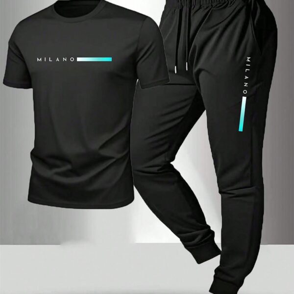 Gym Rark 2pcs Men's Printed Short Sleeve Top + Drawstring Waist Long Pants,Black Sports Suit,Summer Athleisure Gym Workout Outfit,Sports & Fitness Clothing Set