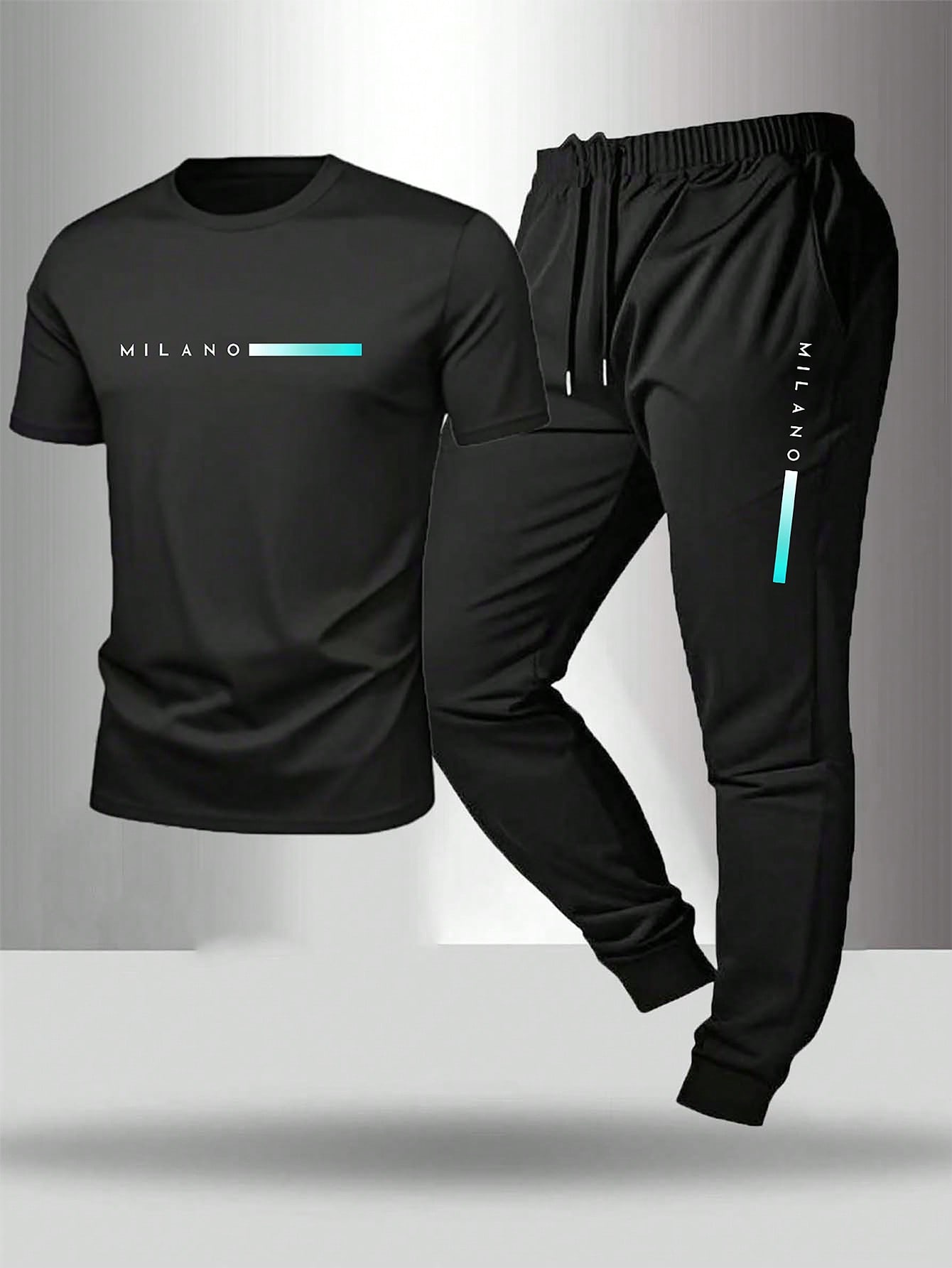 http___img.ltwebstatic.com_v4_j_pi_2026_03_25_c4_1774368063abd35b64b7376fbf086bcff2fa1b6949 Gym Rark 2pcs Men's Printed Short Sleeve Top + Drawstring Waist Long Pants,Black Sports Suit,Summer Athleisure Gym Workout Outfit,Sports & Fitness Clothing Set - Image 1