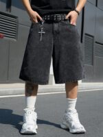 Manfinity EMRG Men's Casual Street Style Embroidered Black Wide Leg Denim Shorts - Image 5