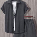 Manfinity HoManfinity Homme Men's Simple Solid Color Shirt And Shorts Set, Cozy Outfitsmme Men's Simple Solid Color Shirt And Shorts Set, Cozy Outfits