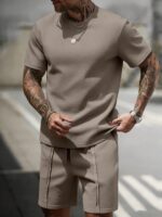 Manfinity RSRT 2pcs/Set Men's Comfortable Sweatshirt Fabric Round Neck Short Sleeve T-Shirt And Drawstring Elastic Shorts, Shades Of Brown, Summer, Casual, City Break, Holiday - Image 4