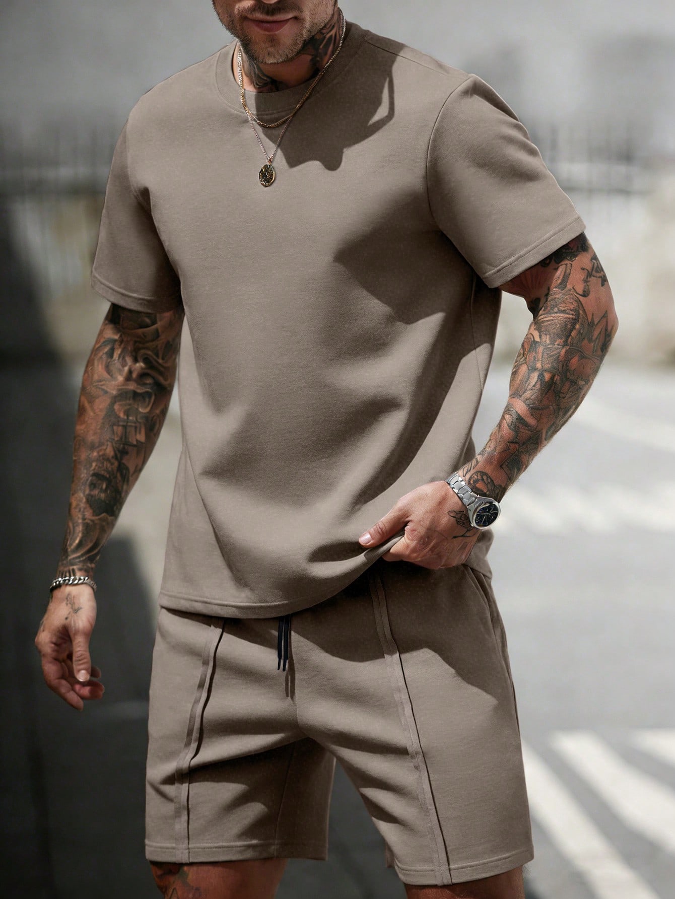 http___img.ltwebstatic.com_v4_j_pi_2026_04_28_8d_177737983157cf839389f299a9a6a8949ab8556529 Manfinity RSRT 2pcs/Set Men's Comfortable Sweatshirt Fabric Round Neck Short Sleeve T-Shirt And Drawstring Elastic Shorts, Shades Of Brown, Summer, Casual, City Break, Holiday - Image 1