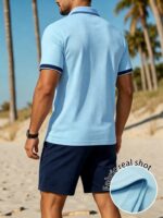 Manfinity Dauomo Men's Solid Color Polo Shirt With Contrast Trim, Fashionable Matching Summer Shorts Set - Image 2