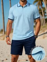 Manfinity Dauomo Men's Solid Color Polo Shirt With Contrast Trim, Fashionable Matching Summer Shorts Set