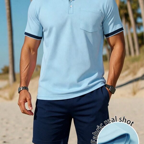 Manfinity Dauomo Men's Solid Color Polo Shirt With Contrast Trim, Fashionable Matching Summer Shorts Set
