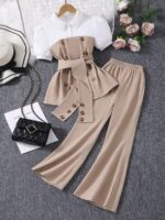 2pcs Girls' Lantern Sleeve Polo Collar Top And Wide Leg Pants Set, Casual/Party/Performance Outfit, Spring/Summer - Image 3