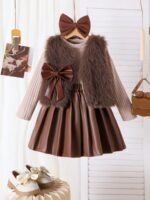 3pcs Fashion Young Girls Knitted Sweater Vest Jacket, Long Sleeve Top And Faux Leather Skirt Set, Spring/Autumn