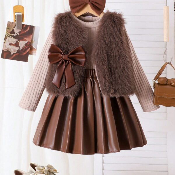 3pcs Fashion Young Girls Knitted Sweater Vest Jacket, Long Sleeve Top And Faux Leather Skirt Set, Spring/Autumn