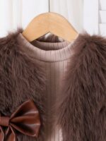 3pcs Fashion Young Girls Knitted Sweater Vest Jacket, Long Sleeve Top And Faux Leather Skirt Set, Spring/Autumn - Image 3