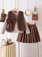3pcs Fashion Young Girls Knitted Sweater Vest Jacket, Long Sleeve Top And Faux Leather Skirt Set, Spring/Autumn - Image 2