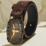 1pc Unisex Retro Bull Head Buckle Belt, Classic Engraved PU Leather Fashion Accessory, Western Style Casual Waist Belt