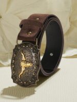 1pc Unisex Retro Bull Head Buckle Belt, Classic Engraved PU Leather Fashion Accessory, Western Style Casual Waist Belt