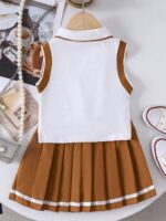 Tween Girl Knight Print Polo Collar Tank Top And Pleated Mini Skirt Casual Outfit - Image 2