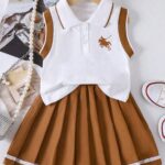 Tween Girl Knight Print Polo Collar Tank Top And Pleated Mini Skirt Casual Outfit