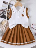 Tween Girl Knight Print Polo Collar Tank Top And Pleated Mini Skirt Casual Outfit