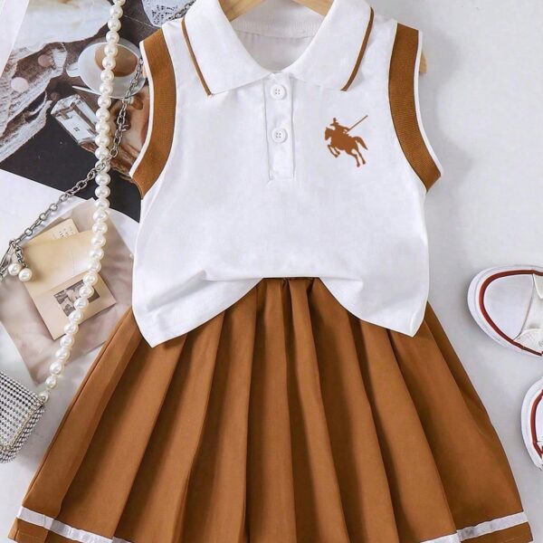 Tween Girl Knight Print Polo Collar Tank Top And Pleated Mini Skirt Casual Outfit