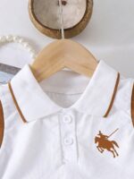 Tween Girl Knight Print Polo Collar Tank Top And Pleated Mini Skirt Casual Outfit - Image 3