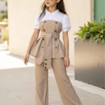 2pcs Girls' Lantern Sleeve Polo Collar Top And Wide Leg Pants Set, Casual/Party/Performance Outfit, Spring/Summer