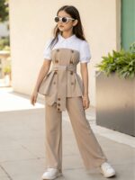 2pcs Girls' Lantern Sleeve Polo Collar Top And Wide Leg Pants Set, Casual/Party/Performance Outfit, Spring/Summer