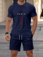 KOVSEE Men's Casual Sports Short Sleeve Set, Sports Fabric "PARIS" Printed, Casual Short Sleeve T-Shirt + Shorts Outfit, Summer Street Style Sportswear
