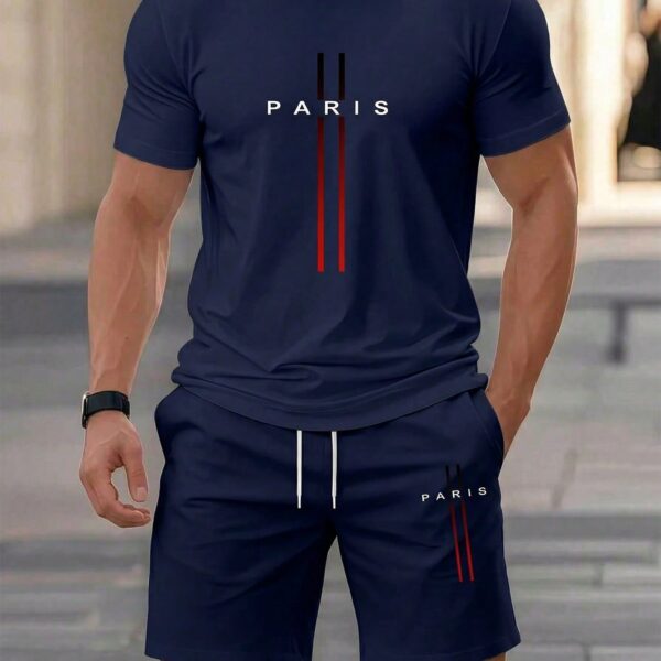 KOVSEE Men's Casual Sports Short Sleeve Set, Sports Fabric "PARIS" Printed, Casual Short Sleeve T-Shirt + Shorts Outfit, Summer Street Style Sportswear