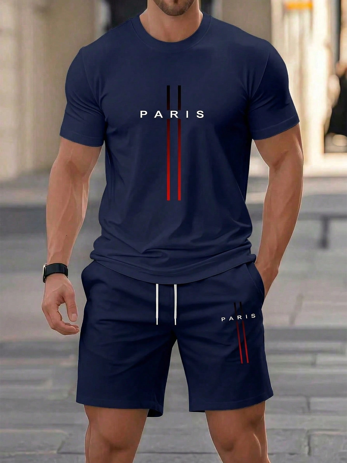 http___img.ltwebstatic.com_v4_j_spmp_2026_03_28_9e_17747028605ee2e4fae0f92e51e5db870be87800fe KOVSEE Men's Casual Sports Short Sleeve Set, Sports Fabric "PARIS" Printed, Casual Short Sleeve T-Shirt + Shorts Outfit, Summer Street Style Sportswear - Image 1