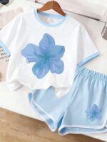 2pcs/Set Girls Cartoon Floral Print Soft Short Sleeve Top And Shorts Set, Casual Daily Wear For Summer