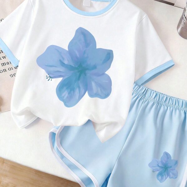 2pcs/Set Girls Cartoon Floral Print Soft Short Sleeve Top And Shorts Set, Casual Daily Wear For Summer