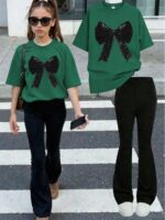 2pcs Set Suitable For Tween Girls: 1 Crew Neck Bow Print T-Shirt Paired With Flare Casual Pants. Very Suitable For Spring & Summer, Can Be Worn For Shopping, Parties, Sports, Travel And School. An Excellent Gift For Tween Girls.