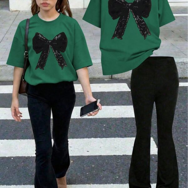 2pcs Set Suitable For Tween Girls: 1 Crew Neck Bow Print T-Shirt Paired With Flare Casual Pants. Very Suitable For Spring & Summer, Can Be Worn For Shopping, Parties, Sports, Travel And School. An Excellent Gift For Tween Girls.