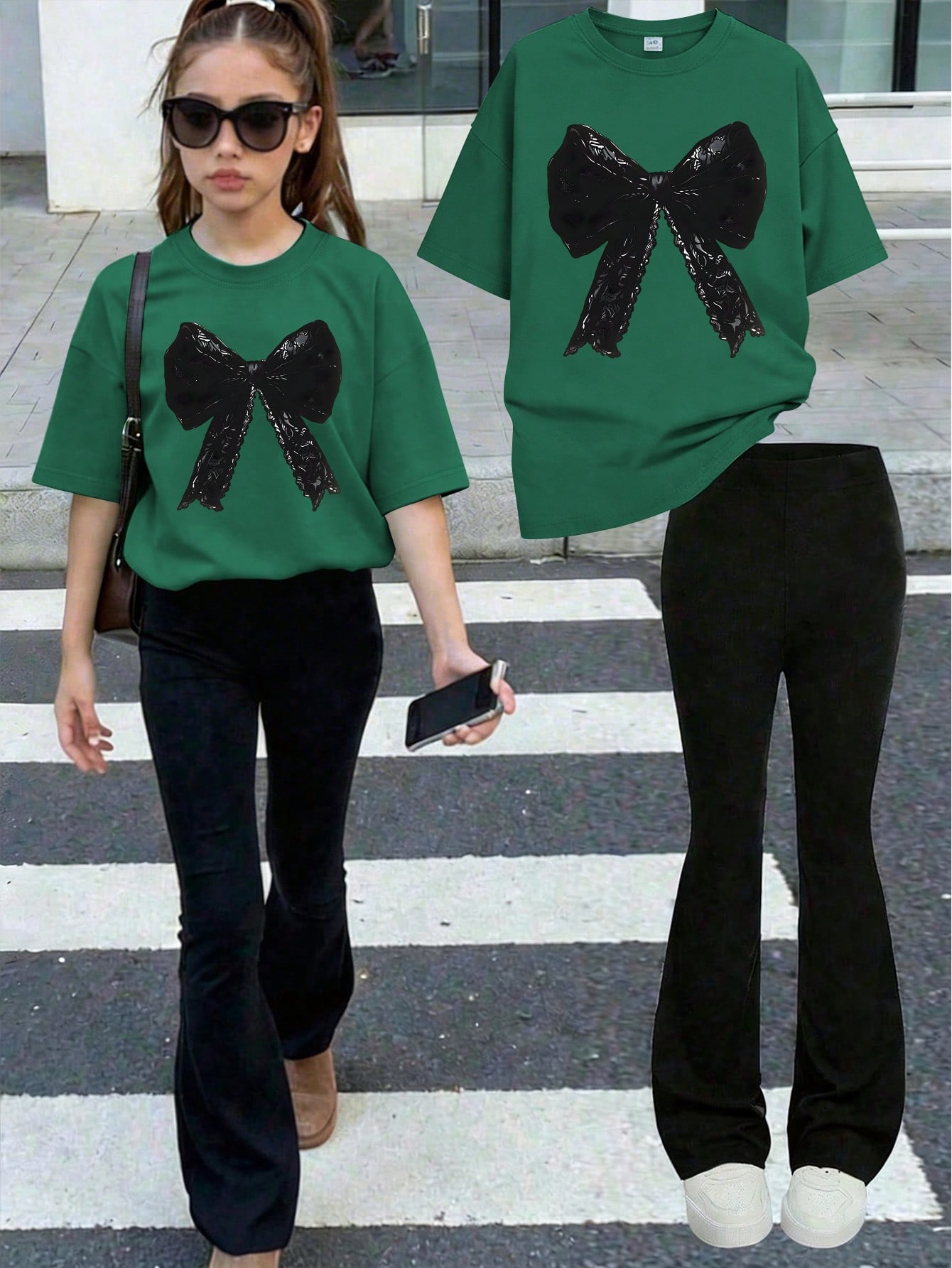 http___img.ltwebstatic.com_v4_j_spmp_2026_04_06_10_17754796038b098d288afdde3a8a30f64189c02be0 2pcs Set Suitable For Tween Girls: 1 Crew Neck Bow Print T-Shirt Paired With Flare Casual Pants. Very Suitable For Spring & Summer, Can Be Worn For Shopping, Parties, Sports, Travel And School. An Excellent Gift For Tween Girls. - Image 1