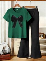 2pcs Set Suitable For Tween Girls: 1 Crew Neck Bow Print T-Shirt Paired With Flare Casual Pants. Very Suitable For Spring & Summer, Can Be Worn For Shopping, Parties, Sports, Travel And School. An Excellent Gift For Tween Girls. - Image 2