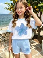 2pcs/Set Girls Cartoon Floral Print Soft Short Sleeve Top And Shorts Set, Casual Daily Wear For Summer - Image 3